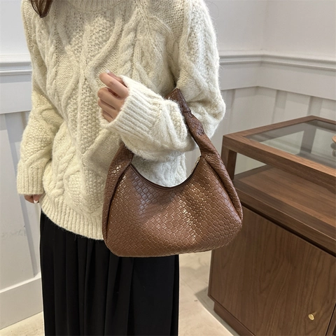 Gewebte Hobo-Tasche Für Damen PU-Leder Geknoteter Griff Unterarm-Schultertasche Große Kapazität Lässige Retro-Mode Handtasche