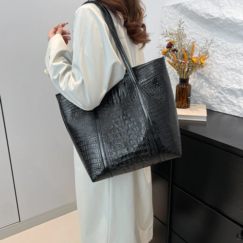 Bolso Tote de Cuero PU de Gran Capacidad para Mujer con Patrón de Cocodrilo en Relieve Bolso de Hombro Minimalista Retro
