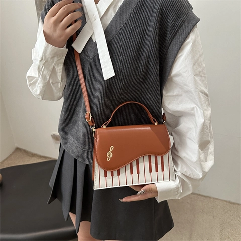 Retro Piano Keyboard Pattern Shoulder Bag Women PU Leather Music Theme Crossbody Bag Wave Flap Treble Clef Musical Handbag