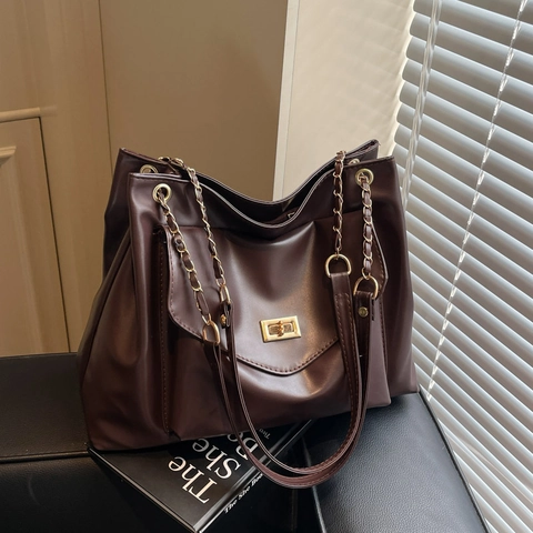Damen Große Kapazität Tragetasche PU Leder Kette Schulter Umhängetasche Einfach Retro Pendeln Handtasche Für Den Alltag