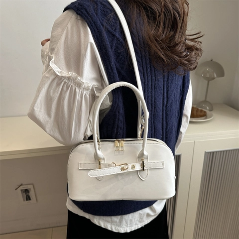 Borsa a Tracolla Vintage in Pelle PU per Donna Street Trend Niche Design Boston Pillow Bag Con Doppi Manici e Tracolla Regolabile Borsa a Mano a Tinta Unita per il Pendolarismo Quotidiano