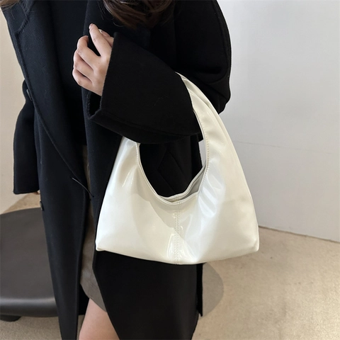 Bolso Hobo de Cuero PU Brillante Chic Estilo Francés Para Mujer Bolso de Hombro Vintage Axila Color Sólido Bolso de Mano Diario