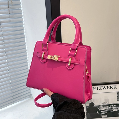 Women Stylish PU Leather Top Handle Handbag Minimalist Solid Color Crossbody Shoulder Bag With Gold Turn Lock And Strap