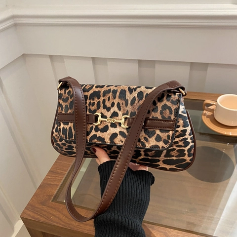 Retro Women's Leopard Print PU Leather Underarm Bag Vintage Horsebit Decoration Small Square Shoulder Bag Korean Fashion Handbag