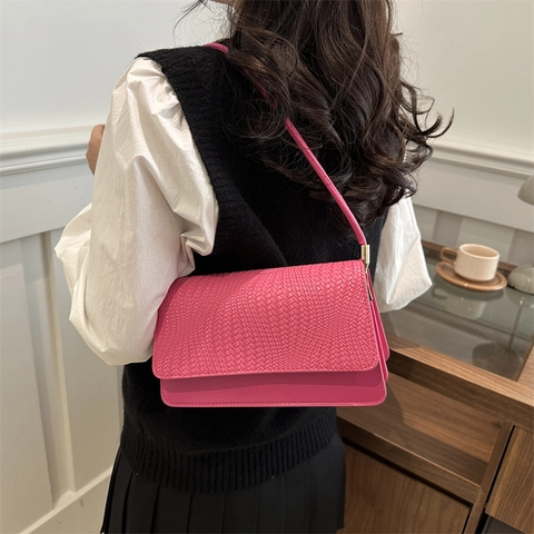 Women Fashion PU Leather Woven Texture Shoulder Bag Retro Small Square Underarm Handbag With Gold Metal Buckle Daily Bag