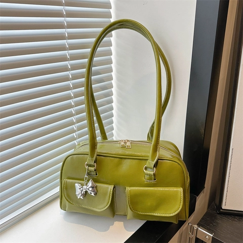 Women Vintage PU Leather Shoulder Bag Double Front Pockets Silver Bow Charm Underarm Bag Korean Fashion Solid Color Handbag