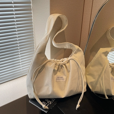 Large Capacity PU Shoulder Bag For Women Fashion Solid Color Drawstring Tote Bag Casual Handbag Daily Use Streetwear