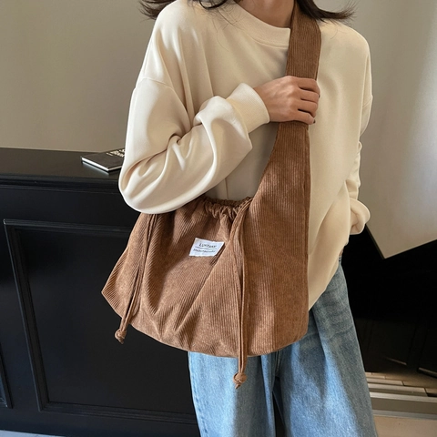 Large Capacity PU Shoulder Bag For Women Fashion Solid Color Drawstring Tote Bag Casual Handbag Daily Use Streetwear