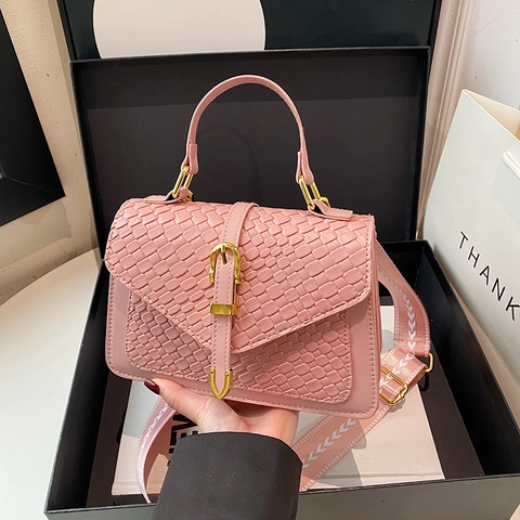 Fashion Women Woven Texture PU Leather Handbag Gold Buckle Crossbody Bag With Patterned Wide Strap Commuting Square Bag