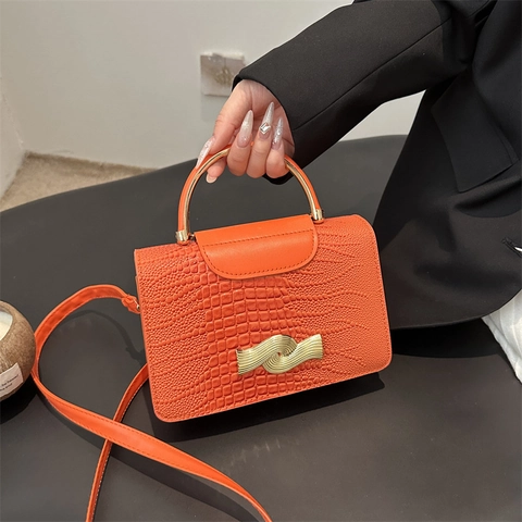 Sac Bandoulière pour Femme en Similicuir PU Gaufré Crocodile Poignée Ronde Dorée Boucle Vague Petit Sac Carré pour Dame Quotidien
