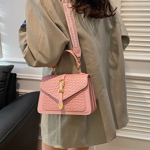 Fashion Women Woven Texture PU Leather Handbag Gold Buckle Crossbody Bag With Patterned Wide Strap Commuting Square Bag