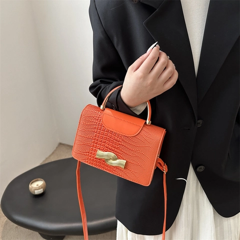 Sac Bandoulière pour Femme en Similicuir PU Gaufré Crocodile Poignée Ronde Dorée Boucle Vague Petit Sac Carré pour Dame Quotidien