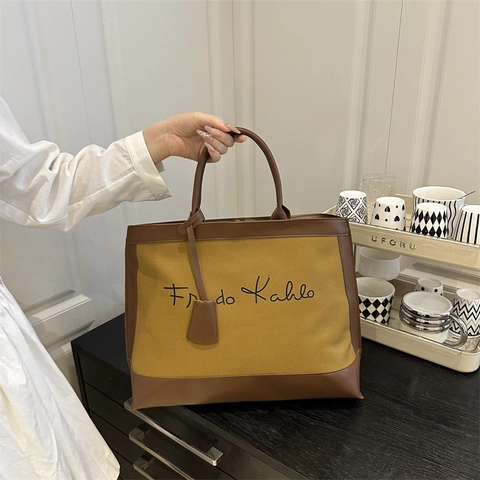 Μεγάλη Τσάντα Tote για Γυναίκες από Καμβά και Δέρμα PU Vintage Σχέδιο με Γράμματα Τσάντα Ώμου Καλλιτεχνική Τσάντα Χειρός Καθημερινή Τσάντα