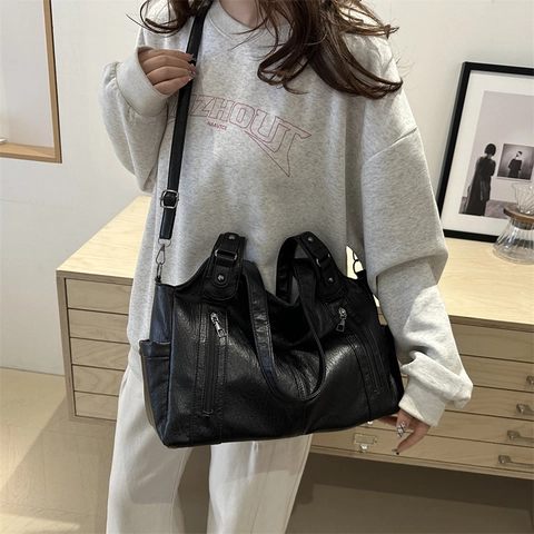 Borsa Tote da Donna in Ecopelle PU Grande Capacità Retro Multitasche Borsa a Spalla Tracolla Borsetta per Pendolare