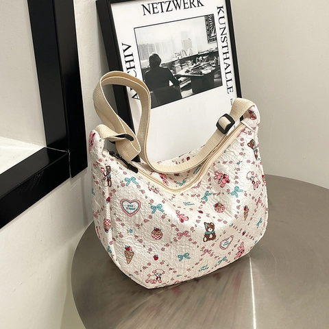 Women Large Capacity Quilted Hobo Bag Cartoon Animal Print Polyester Crossbody Bag Casual Versatile Shoulder Shopping Bag