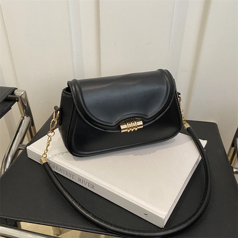 Bolso de Hombro para Mujer de Cuero de PU de Moda Color Sólido Vintage Bolso de Axila Con Herrajes Dorados Bolso de Ciudad