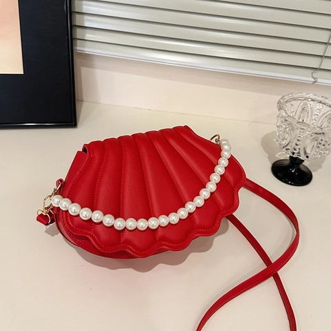 Bolso Bandolera de Cuero PU con Forma de Concha de Moda para Mujer con Asa de Perlas Artificiales Elegante Mini Bolso