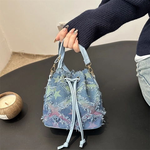 Vintage Denim Bucket Bag For Women Fashion Checkerboard Star Pattern Frayed Edge Drawstring Shoulder Crossbody Bag Large Capacity Casual Streetwork Tote