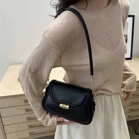 Bolso de Hombro para Mujer de Cuero de PU de Moda Color Sólido Vintage Bolso de Axila Con Herrajes Dorados Bolso de Ciudad