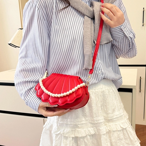 Bolso Bandolera de Cuero PU con Forma de Concha de Moda para Mujer con Asa de Perlas Artificiales Elegante Mini Bolso