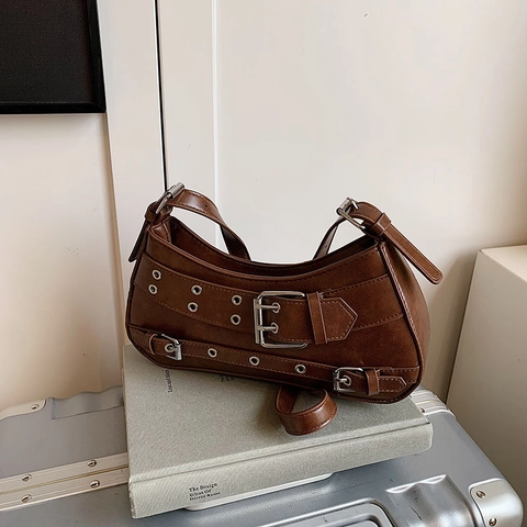 Retro Punk PU Leather Underarm Bag For Women Y2K Motorcycle Shoulder Bag With Metal Buckle Rivets Fashion Hobo Crossbody Bag
