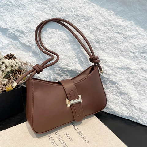 Minimalistische PU-Leren Onderarmtas Voor Dames Franse Stijl Crossbody Schoudertas Met Metalen H-Gesp Geknoopte Riem Detail