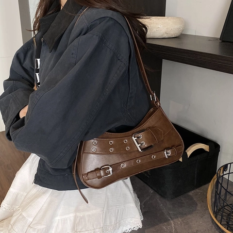 Retro Punk PU Leather Underarm Bag For Women Y2K Motorcycle Shoulder Bag With Metal Buckle Rivets Fashion Hobo Crossbody Bag