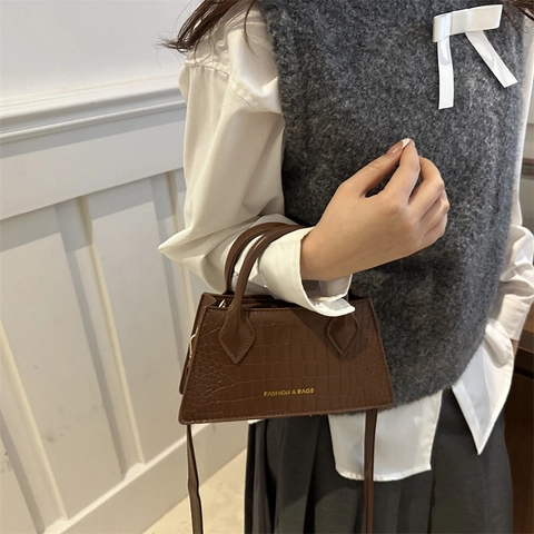 Sac à Main Vintage en Cuir PU à Motif Crocodile pour Femme Sac Bandoulière Minimaliste à Double Poignée