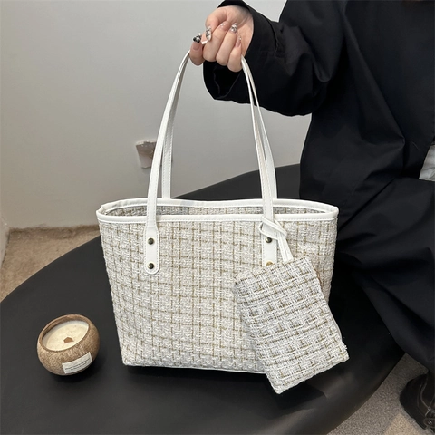 Elegante Tweed Karo Tote Tasche Für Damen Vintage Gewebte Schultertasche Mit Passendem Beutel Große Kapazität Mode Handtasche