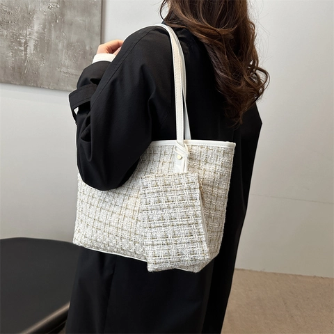 Elegante Tweed Karo Tote Tasche Für Damen Vintage Gewebte Schultertasche Mit Passendem Beutel Große Kapazität Mode Handtasche