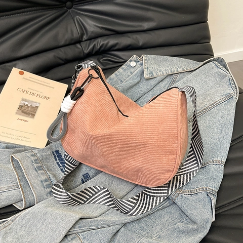 Women Fashion Corduroy Crossbody Bag Large Capacity Simple Casual Shoulder Bag With Striped Wide Strap For Daily Commuting Purse