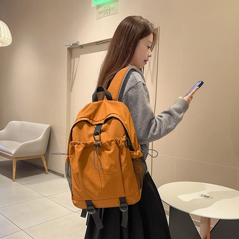 Unisex Large Capacity Nylon Backpack Lightweight Solid Color Drawstring School Bag Casual Travel Backpack Multi Pocket Daypack