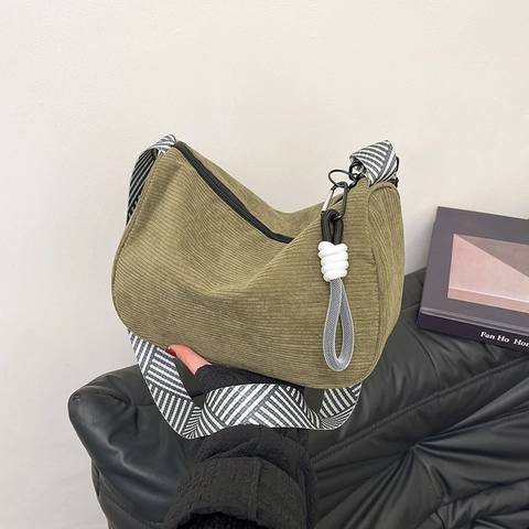 Women Corduroy Hobo Bag Vintage Stripe Strap Underarm Bag Casual Crossbody Shoulder Bag With Knot Pendant Zipper Closure