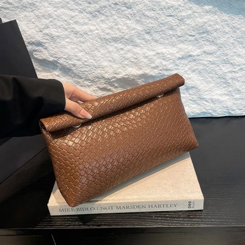 Bolso de Mano de Cuero PU Trenzado para Mujer Color Sólido Simple Bolso de Negocios Oficina Viaje Diario Versátil
