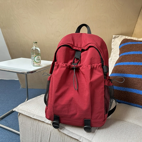 Sac à Dos en Nylon pour Femmes Grande Capacité Sac d'École Décontracté Avec Poche Avant à Cordon et Poches Latérales en Filet