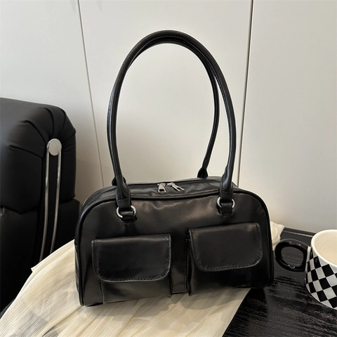 Bolso de Hombro de Mujer de Moda de Cuero de PU Con Doble Bolsillo Retro Color Sólido Bolso de Axila Estilo Callejero Herrajes de Plata