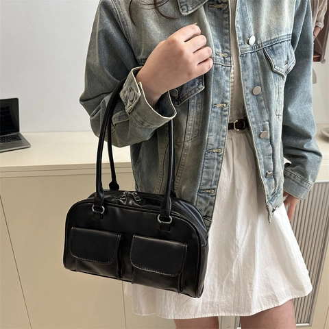 Bolso de Hombro de Mujer de Moda de Cuero de PU Con Doble Bolsillo Retro Color Sólido Bolso de Axila Estilo Callejero Herrajes de Plata