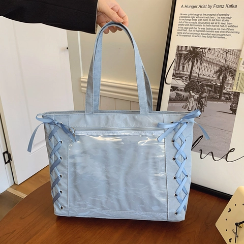 Borsa Ita da Donna in Tela ad Alta Capacità con Finestra Trasparente Dolce Decorazione con Lacci Borsa a Tracolla Stile Giapponese
