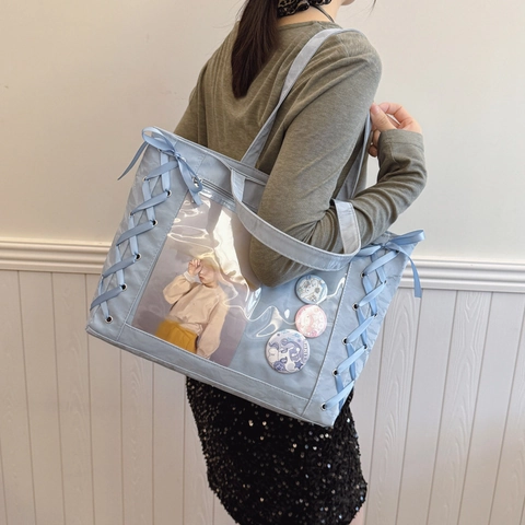 Borsa Ita da Donna in Tela ad Alta Capacità con Finestra Trasparente Dolce Decorazione con Lacci Borsa a Tracolla Stile Giapponese