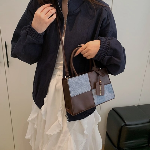 Bolso de Mano de Moda para Mujer Empalme Tablero de Ajedrez Color Contraste Cuero PU Cuadrado Hombro Bandolera Bolso Tote