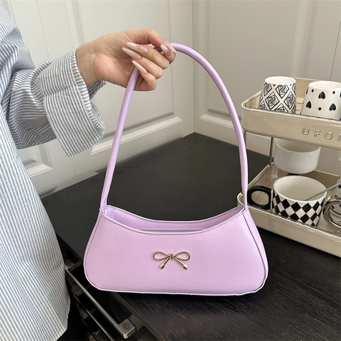 French Niche Fashion Bow Shoulder Underarm Bag Minimalist Commuting PU Leather Solid Color Crescent Hobo Bag For Women