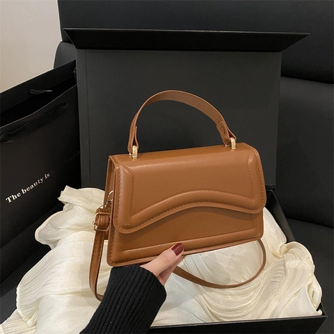 Trendy Women PU Leather Crossbody Bag Small Square Handbag With Wave Stitching Detail Contrast Color Strap Elegant Satchel Bag