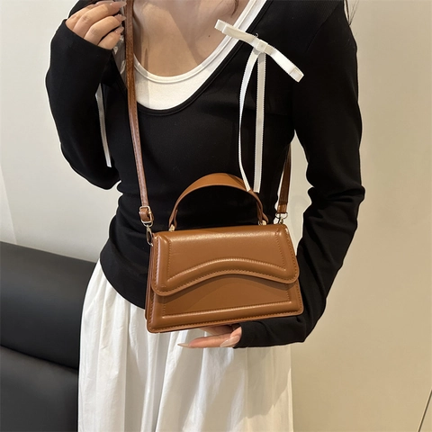 Trendy Women PU Leather Crossbody Bag Small Square Handbag With Wave Stitching Detail Contrast Color Strap Elegant Satchel Bag