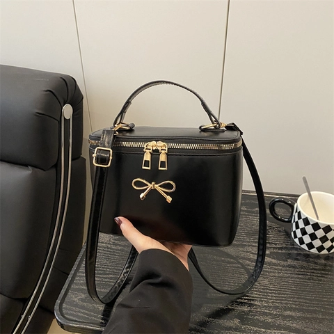 Borsa a Tracolla Vintage in Pelle PU per Donna Borsa a Mano a Scatola con Fiocco Dorato Borsa a Spalla Casual per Donna