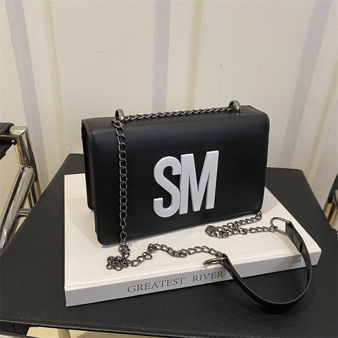 Fashion PU Leather SM Letter Decor Crossbody Bag For Women Trendy Chain Shoulder Bag Modern Minimalist Square Messenger Purse