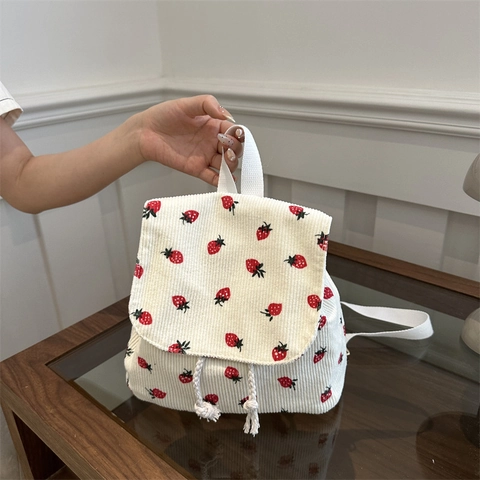Zaino in Velluto a Coste con Stampa a Fragola Mini Daypack Leggero per Ragazze Donna Scuola Casual Quotidiano
