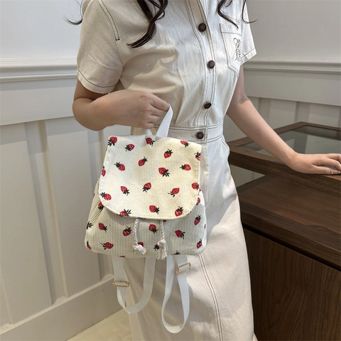 Zaino in Velluto a Coste con Stampa a Fragola Mini Daypack Leggero per Ragazze Donna Scuola Casual Quotidiano