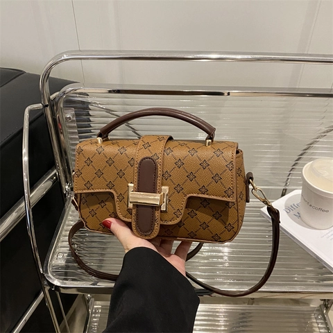 Vintage Monogram Pattern PU Leather Crossbody Bag For Women Fashion Small Square Handbag With Elegant Stitching Metal Buckle