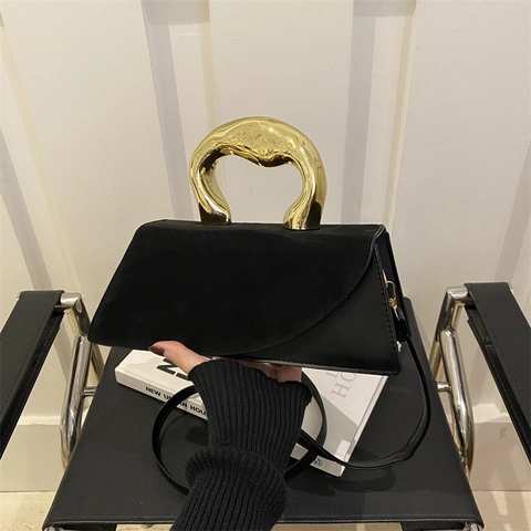 Bolso de Mano Asimétrico Irregular para Mujer Con Asa de Metal Dorado Bolso Bandolera de Patchwork de Gamuza y Cuero Sintético