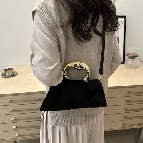 Bolso de Mano Asimétrico Irregular para Mujer Con Asa de Metal Dorado Bolso Bandolera de Patchwork de Gamuza y Cuero Sintético